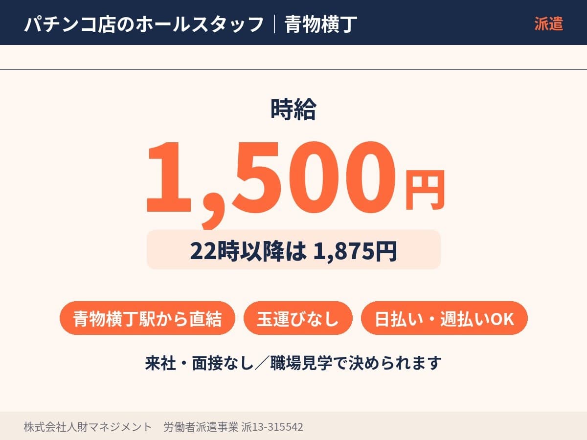 青物横丁駅のパチンコホールスタッフ 時給1,500円、22時以降1,875円