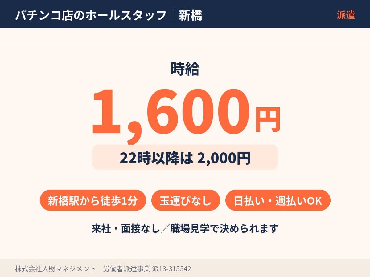 新橋駅のパチンコホールスタッフ 時給1,600円、22時以降2,000円