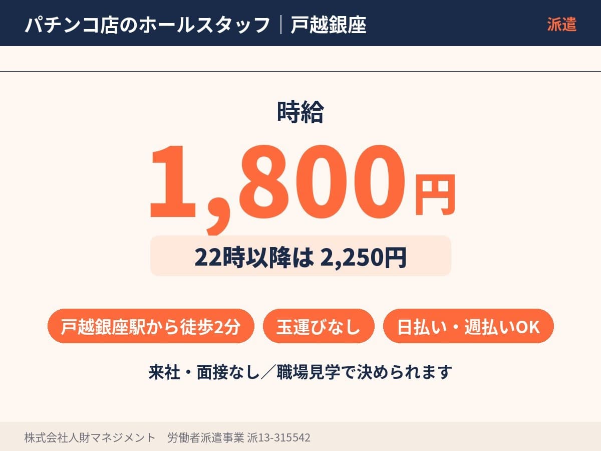 戸越銀座駅のパチンコホールスタッフ 時給1,800円、22時以降2,250円